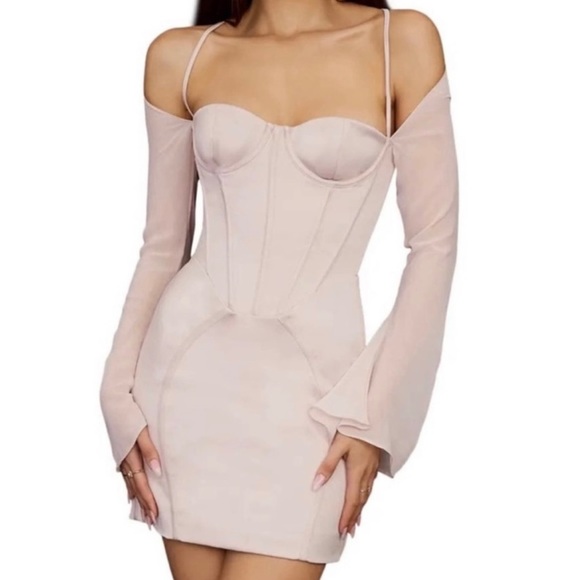 House of CB blush pink mesh sleeve corset dress - Picture 2 of 5